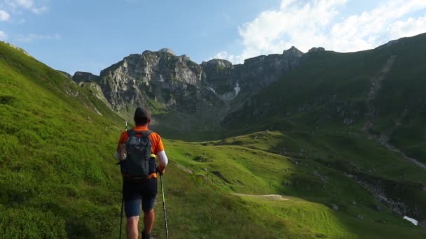 Escursionista Cammina Sul Sentiero Montagna Una Bella Giornata Estate — Video Stock