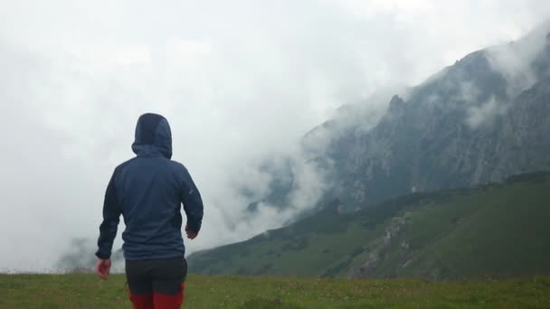 Excursionista Camina Admira Hermoso Paisaje Montaña Día Niebla — Vídeos de Stock
