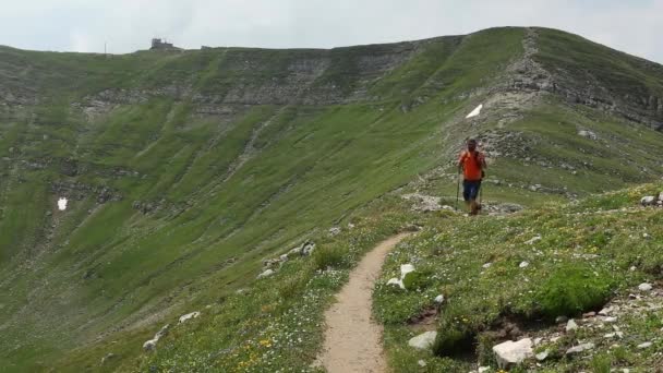 Escursionista Cammina Sul Sentiero Montagna Una Bella Giornata Estate — Video Stock