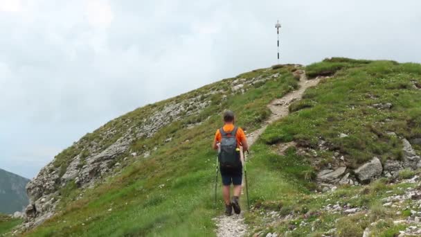 Excursionista Camina Por Sendero Montaña Hermoso Día Verano — Vídeos de Stock