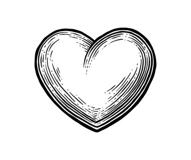 Işıltılı kalp. Beyaz arka planda izole edilmiş, siyah oyma resimleme. Web, poster, bilgi için.