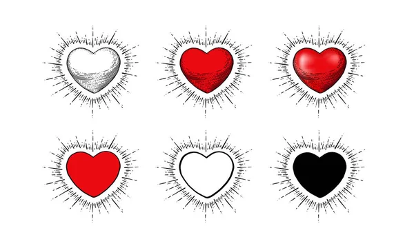 Srdce Paprsky Vektorové Černé Vinobraní Rytiny Ilustrace Izolované Bílém Pozadí — Stock fotografie