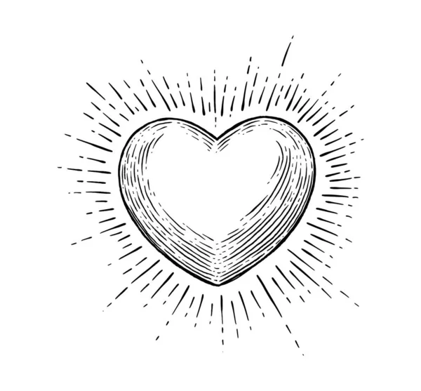 Heart Rays Vector Black Vintage Engraving Illustration Isolated White Background — Stock Photo, Image