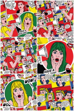 Retro karikatür geçmişi. Sanat eseri deseni. Konuşma baloncukları olan kadınlar. Renkli çizimler. 