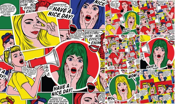 复古漫画背景 流行艺术模式 说话起泡的女人五彩缤纷的例证 — 图库照片