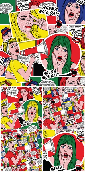 Retro comic background. Pop art pattern.  Women with speech bubbles. Colorful illustrations.