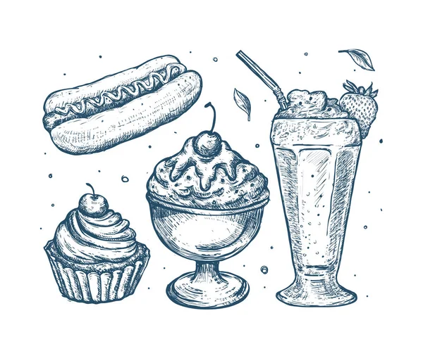 Gewoon Voedselillustratie Klassieke Handgetekende Schets Met Milkshake Hamburger Frietjes Geïsoleerd — Stockvector