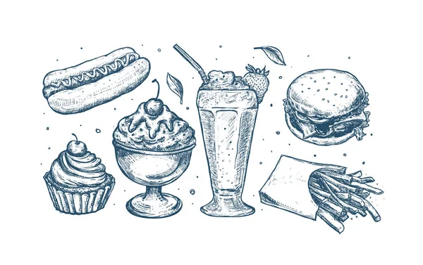 Illustration Simplement Alimentaire Esquisse Classique Dessinée Main Avec Milkshake Burger — Image vectorielle