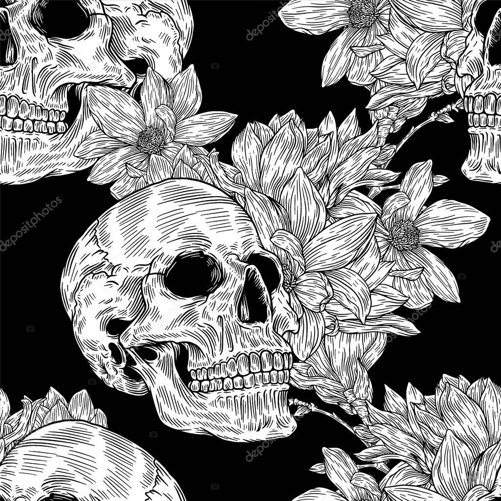 Seamless pattern with skull and with magnolia flower in background. Romantic illustration. Vector illustration.