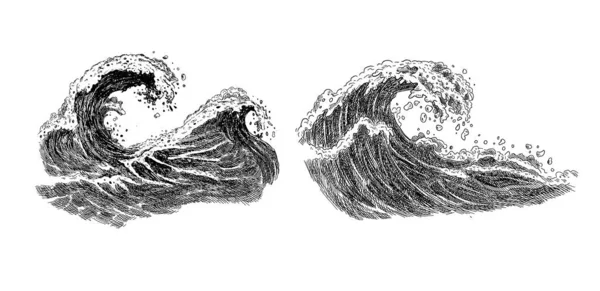 Sea Wave Sketch Vintage Hand Drawn Ocean Tidal Storm Waves — Stock Vector