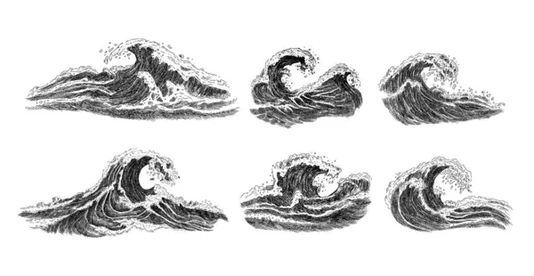 波のスケッチ サーフィンや海景のために白い背景に隔離されたヴィンテージ手描きの海洋性高潮波 旅行や休暇のコンセプト ベクターイラスト — ストックベクタ