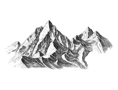 Beyaz Arkaplanda Çam Ağaçları ve Manzara Siyah Dağ. Sketch Style 'da elle çizilmiş Rocky Peaks. Kamp Ulusal Parklar ve Açık Hava Konsepti. Vektör illüstrasyonu. 