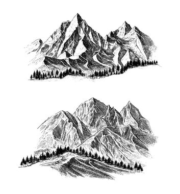 Beyaz Arkaplanda Çam Ağaçları ve Manzara Siyah Dağ. Sketch Style 'da elle çizilmiş Rocky Peaks. Kamp Ulusal Parklar ve Açık Hava Konsepti. Vektör illüstrasyonu. 