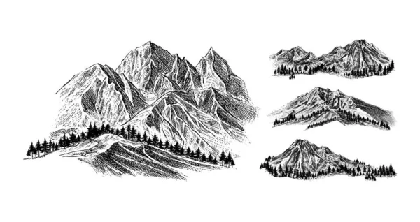 白の背景に松の木と風景黒と山 スケッチスタイルで手描きのロッキーピーク 国立公園や屋外のコンセプトをキャンプ ベクターイラスト — ストックベクタ