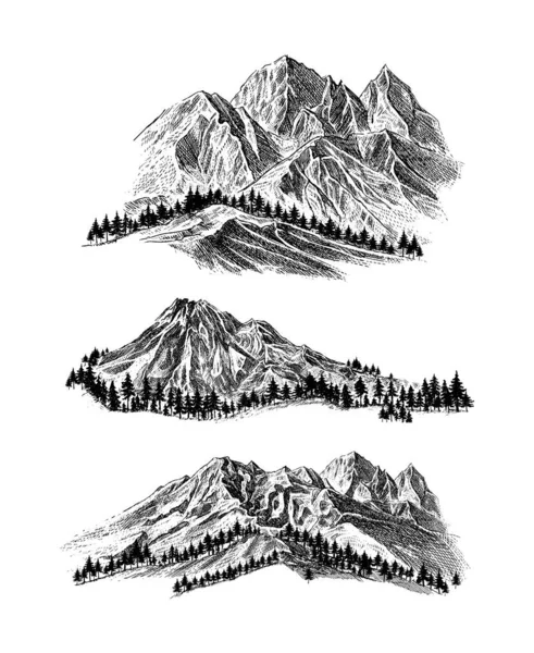Βουνό Πεύκα Και Τοπίο Μαύρο Λευκό Φόντο Χειροποίητο Rocky Peaks — Διανυσματικό Αρχείο