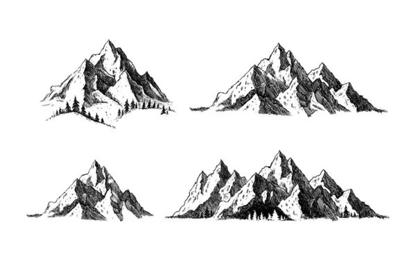 Berg Mit Kiefern Und Landschaft Schwarz Auf Weißem Hintergrund Handgezeichnete — Stockvektor
