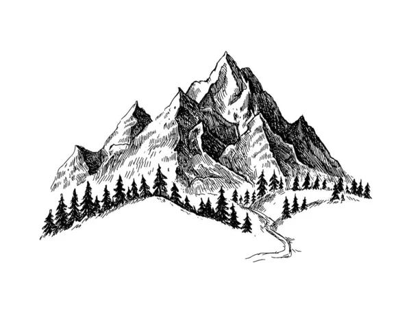 Góra Sosnami Krajobraz Czarny Białym Tle Ręcznie Rysowane Rocky Peaks — Wektor stockowy
