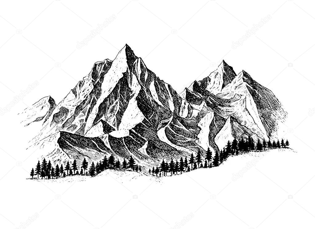 Mountain with Pine Trees and Landscape Black on White Background. Hand-drawn Rocky Peaks in Sketch Style. Camping National Parks and Outdoors Concept. Vector illustration. 