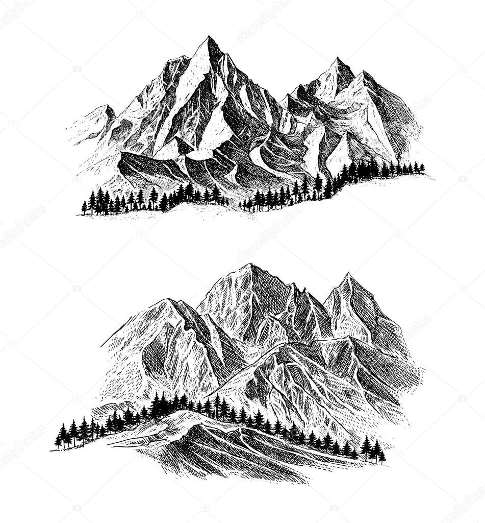 Mountain with Pine Trees and Landscape Black on White Background. Hand-drawn Rocky Peaks in Sketch Style. Camping National Parks and Outdoors Concept. Vector illustration. 