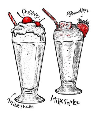 Çilekli ve kirazlı milkshake, yalıtılmış krema. Farklı el yapımı yiyeceklerin vektör tatlısı. Klasik fast food posteri. El çizimi vektör illüstrasyonu. 