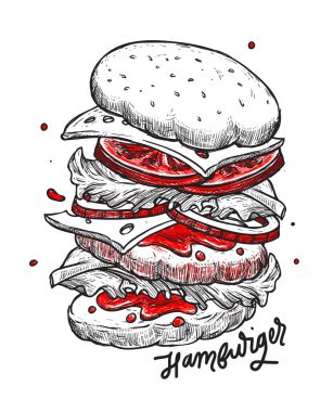 Et, peynir, domates, salata, çörek, ketçap ve marul ile Hamburger malzemeler. Klasik burger beyaz bir arka plan üzerinde izole. Malzemelerle büyük hamburger. Metin ile Hamburger malzemeler.