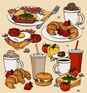 Yumurtalı, tostlu ve kahveli klasik kahvaltı çizgi filmi. Arka planda vektör renginde kahvaltı yemekleri. Pastırmalı, yumurtalı, tostlu, yumurtalı, peynirli, domatesli ve fincanlı klasik kahvaltı.. 