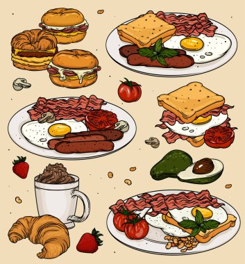 Yumurtalı, tostlu ve kahveli klasik kahvaltı çizgi filmi. Arka planda vektör renginde kahvaltı yemekleri. Pastırmalı, yumurtalı, tostlu, yumurtalı, peynirli, domatesli ve fincanlı klasik kahvaltı.. 