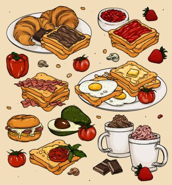 Yumurtalı, tostlu ve kahveli klasik kahvaltı çizgi filmi. Arka planda vektör renginde kahvaltı yemekleri. Pastırmalı, yumurtalı, tostlu, yumurtalı, peynirli, domatesli ve fincanlı klasik kahvaltı.. 