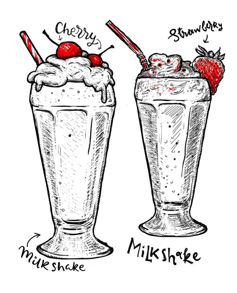 Milkshakes Com Morango Cereja Creme Isolado Sobremesa Vetor Comida Desenhada — Vetor de Stock