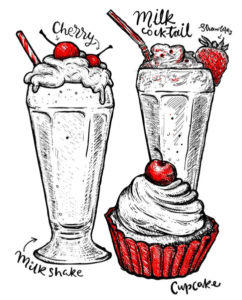 Milkshakes Aux Fraises Cerises Crème Isolée Dessert Vectoriel Différents Aliments — Image vectorielle