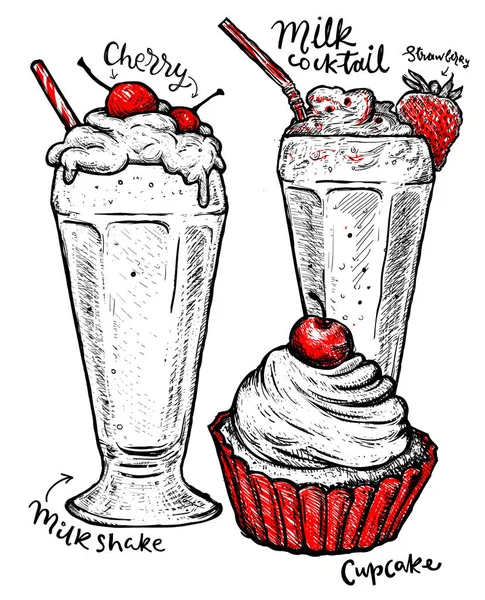 Milkshakes Aux Fraises Cerises Crème Isolée Dessert Vectoriel Différents Aliments — Image vectorielle