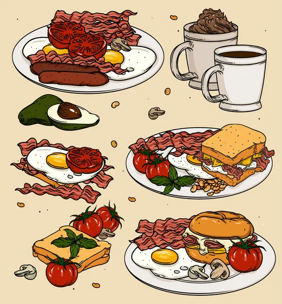 Clásico Conjunto Dibujos Animados Desayuno Con Huevos Tostadas Café Vector — Vector de stock