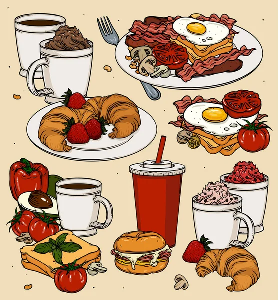 Klassiek Ontbijt Tekenfilmset Met Eieren Toast Koffie Vector Kleur Ontbijt — Stockvector