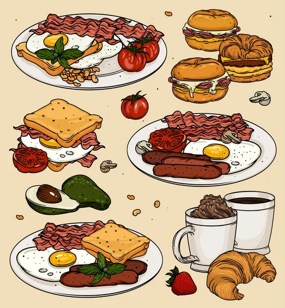 Classic Breakfast Cartoon Set Eggs Toast Coffee Vector Color Breakfast — Stock Vector