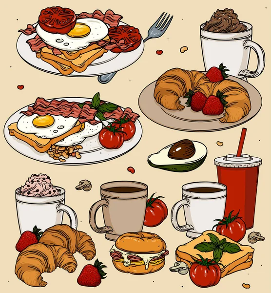 トースト コーヒーと古典的な朝食漫画セット 背景にベクトルカラーの朝食フード ベーコン トースト 卵とチーズサンドイッチ トマトとコーヒーカップと古典的な朝食セット — ストックベクタ