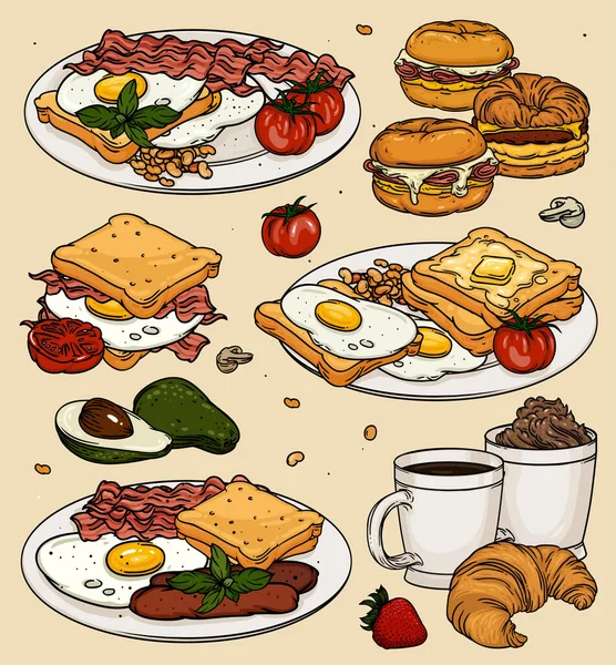 Yumurtalı, tostlu ve kahveli klasik kahvaltı çizgi filmi. Arka planda vektör renginde kahvaltı yemekleri. Pastırmalı, yumurtalı, tostlu, yumurtalı, peynirli, domatesli ve fincanlı klasik kahvaltı.. 