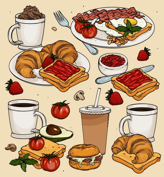 Classic Breakfast Cartoon Set Eggs Toast Coffee Vector Color Breakfast — Stock Vector