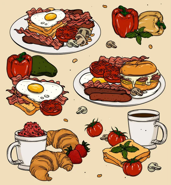 Classic Breakfast Cartoon Set Eggs Toast Coffee Vector Color Breakfast — Stock Vector