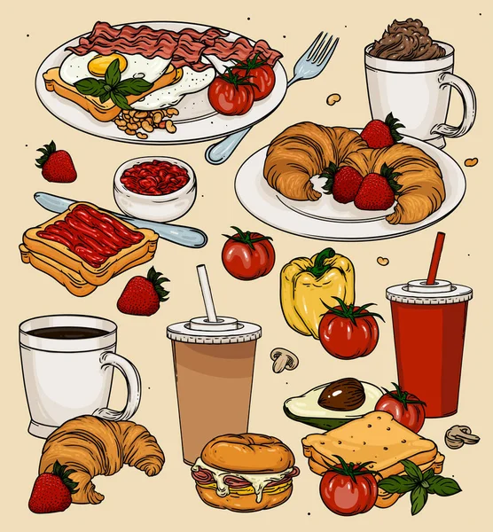 Classic Breakfast Cartoon Set Eggs Toast Coffee Vector Color Breakfast Stock Vector