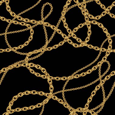 Altın zincirli mücevherler, kusursuz desenler. Altın kolye. Platin zincir. Reklamcılık, el ilanları, satış elemanları tasarımı için lüks mücevher arka planı..