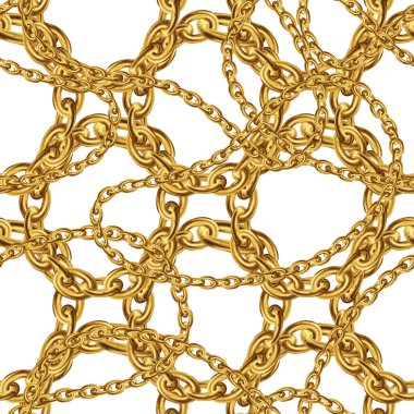 Beyaz Arkaplanda Kumaş Tasarımı için Altın Zincirli Kusursuz Desen. Barok Altın Çizim. Platinyum kolye. Lüks Parlak Mücevher Arkaplanı. Moda Vektörü İllüstrasyonu.