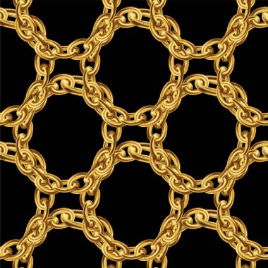 Kumaş Tasarımı İçin Altın Zincirli Kusursuz Desen Kara Arkaplanda. Barok Altın Çizim. Platinyum kolye. Lüks Parlak Mücevher Arkaplanı. Moda Vektörü İllüstrasyonu.