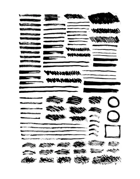 一套黑色油漆 油墨笔划隔离在白色背景上 缩放图形元素 肮脏的纹理横幅 墨水飞溅 矢量图解 — 图库矢量图片