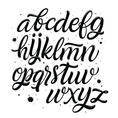 Beyaz arkaplanda el yapımı vektör alfabesi izole edildi. Fırça boyalı mektuplar. Dekoratif sanatsal yazı tipi. Siyah harfler..