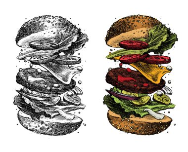 Çizim tarzında hamburger. Beyaz arka planda izole edilmiş klasik Amerikan hamburgeri. El çizimi vektör çizimleri. 