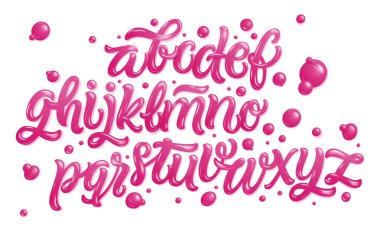 Bubble Gum Alphabet Set. Pink Font Isolated on White Background. Hand Lettering for Designs: Logo, Packaging, Pack of Gum, Card, etc. Vector. Sugar kids illustration.