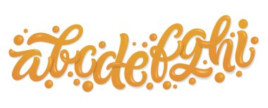 Harfli parlak yazı tipi seti. İngiliz alfabe seti karamel, sıvı ve parlak.