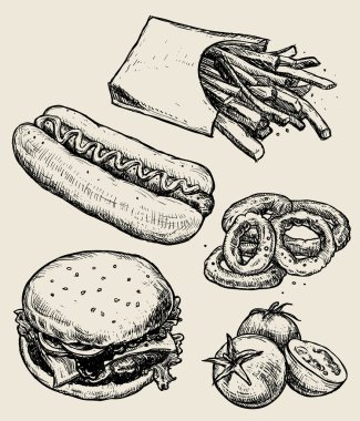 Vektör el çizilmiş gıda amblemleri ve illüstrasyonlar. Fast Food seti. Hamburger, patates kızartması, domates, sosisli sandviç.