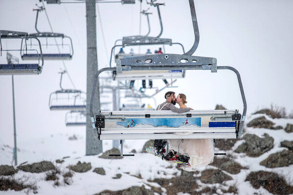 Bride Groom Climbing Chair Lift Winter Snowboards Kissing Stock Picture