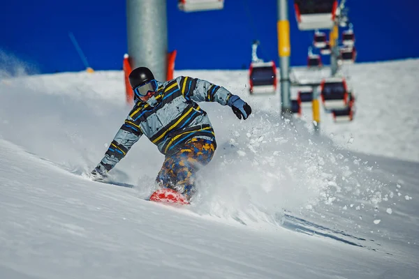 Snowboarder Braking Making Cloud Snow Mountain Sportsman Riding Snowboard Gudauri Stock Picture